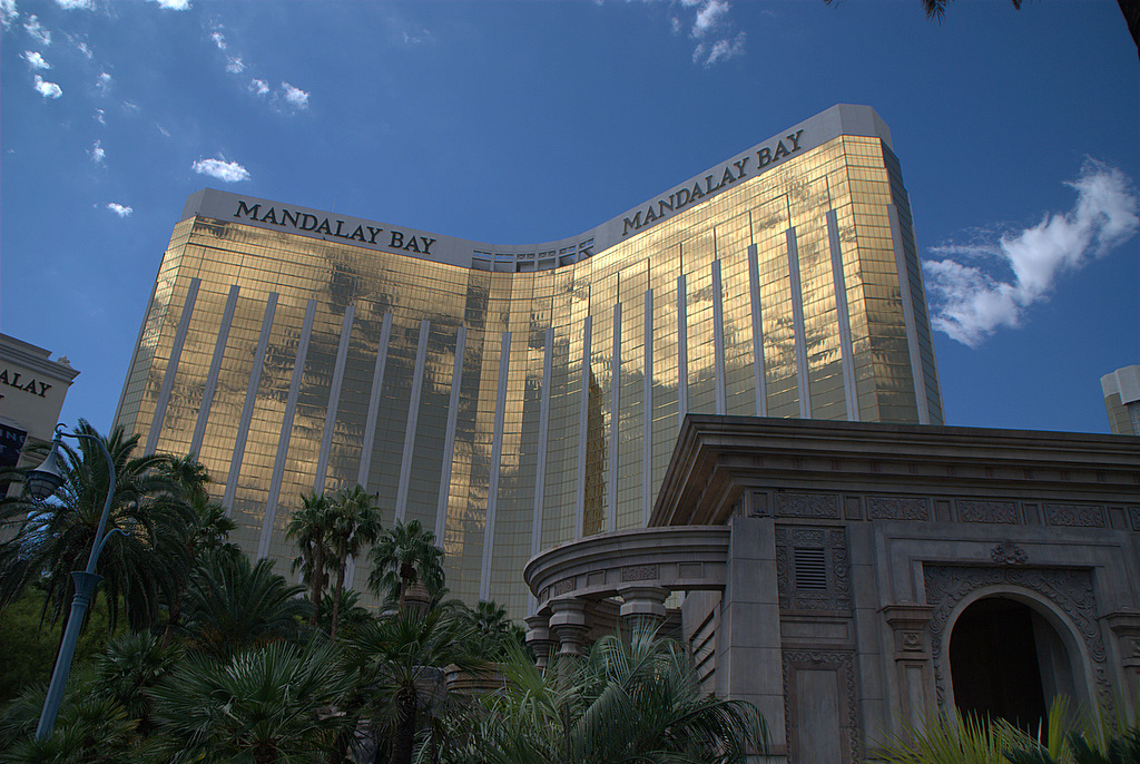 Mandalay Bay and the south Las Vegas Strip in daylight, inside the Formula 1 circuit footprint