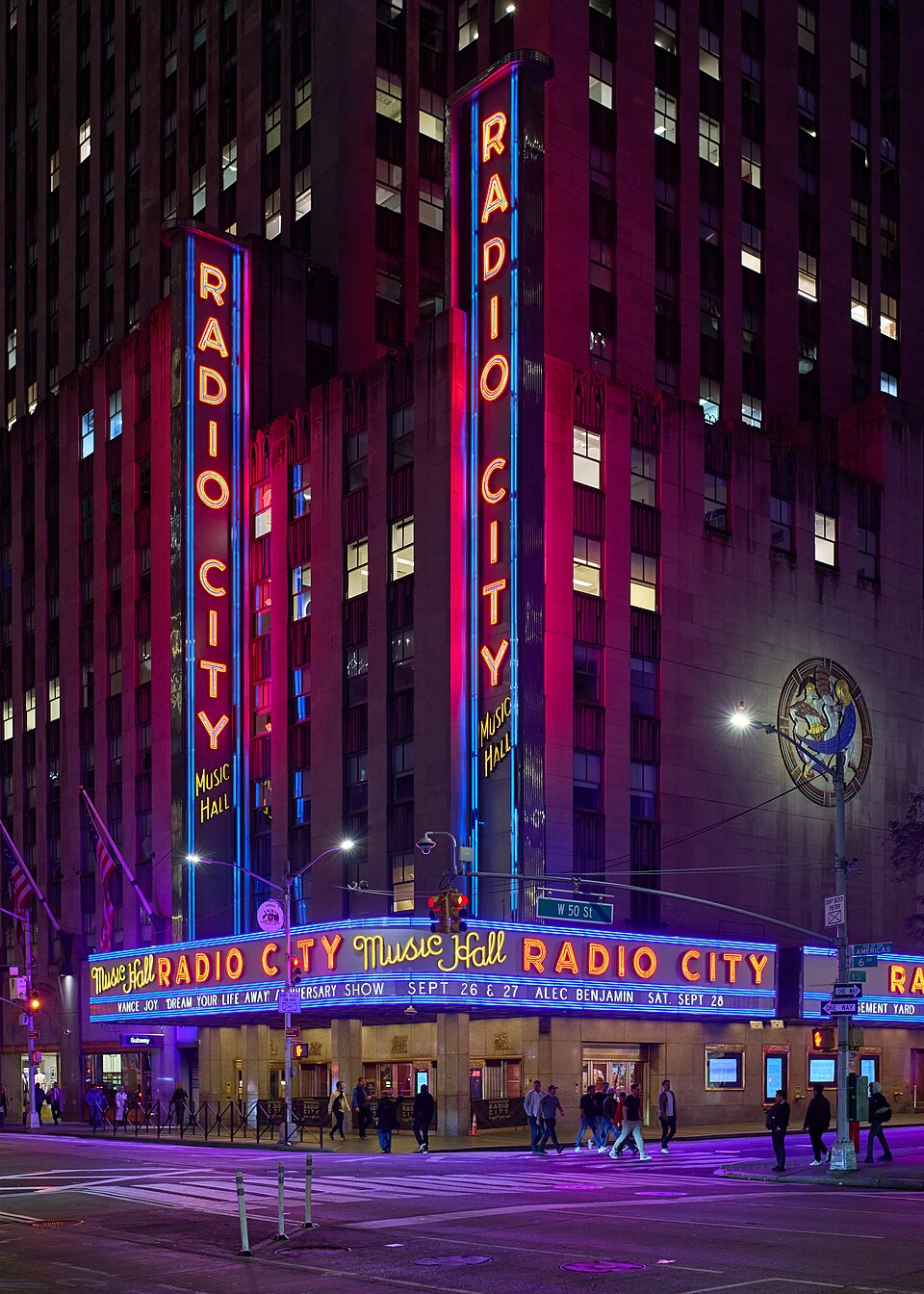 Radio City Music Hall lit up at night in New York