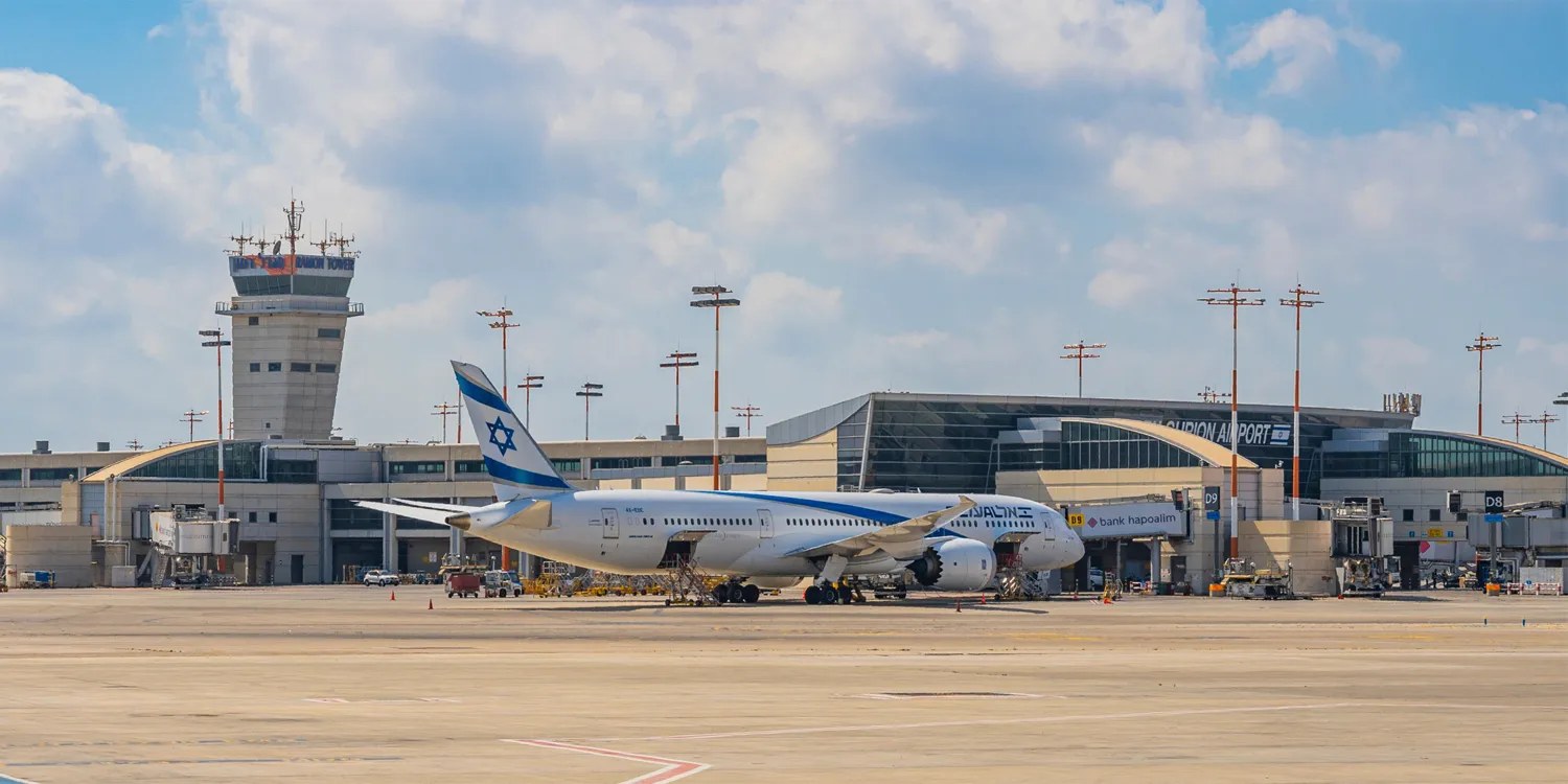 Ben Gurion Airport in Tel Aviv in daylight, with control tower and terminal