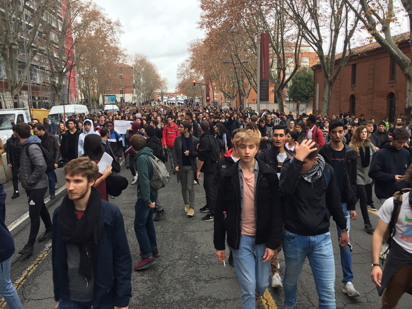 A large crowd of students marches through Toulouse during the high school demonstrations