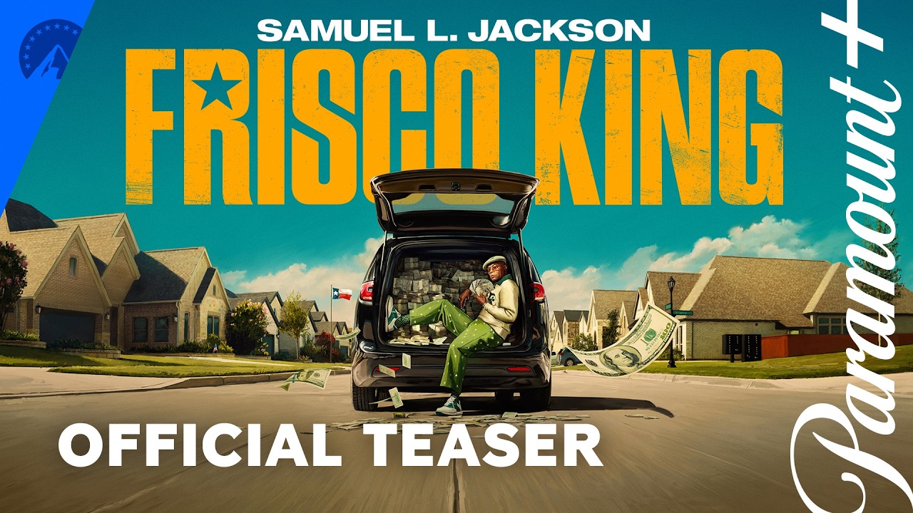 Official key art for Frisco King: Samuel L. Jackson as Russell Lee Washington Jr. lounging in the back of an SUV stacked with cash on a suburban Frisco, Texas street