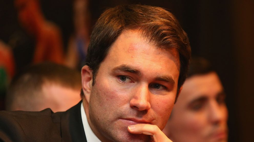 Eddie Hearn at a press conference — Joshua's promoter says White's involvement is contractually prohibited.