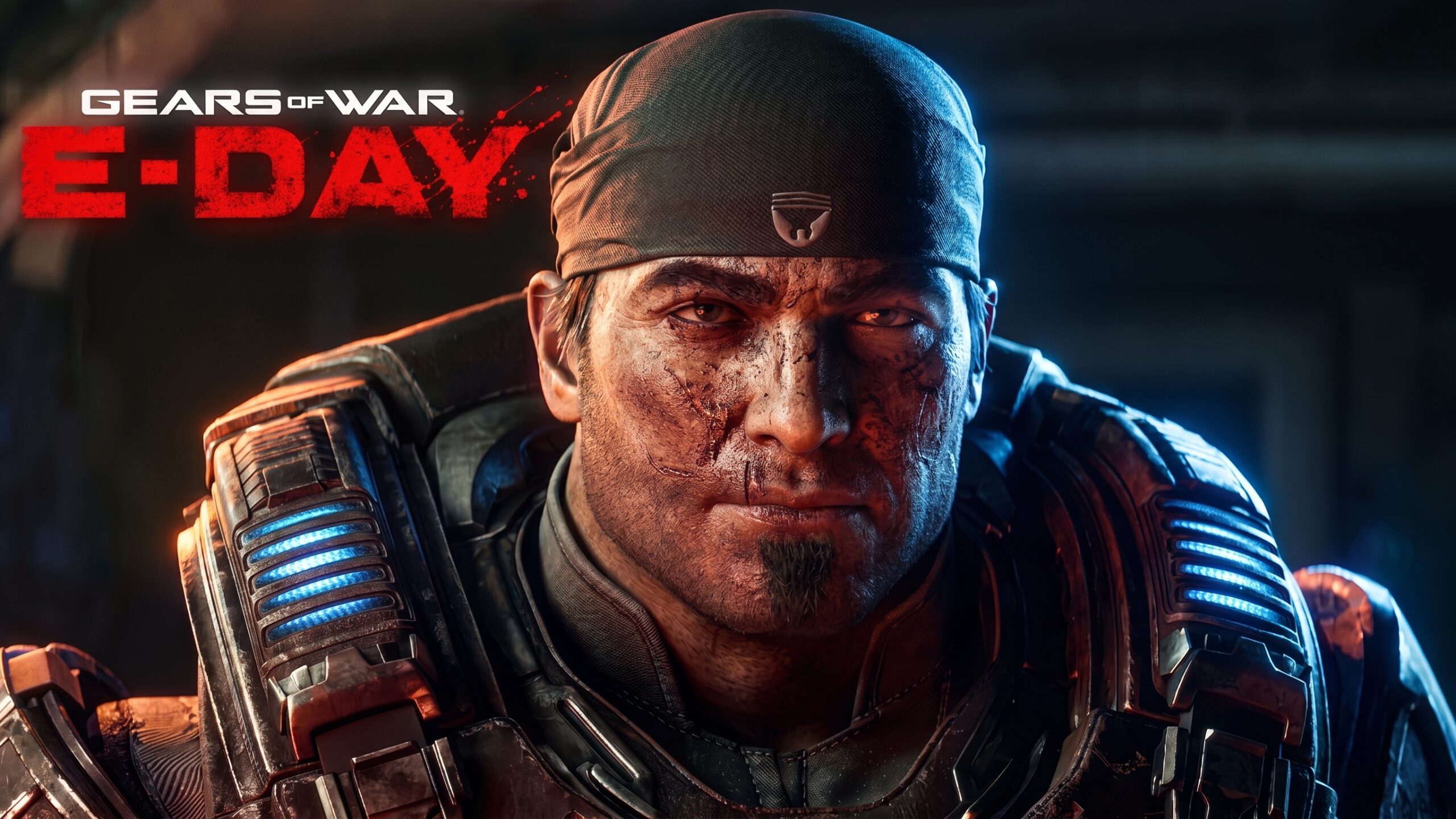 Marcus Fenix in close-up, key art for Gears of War: E-Day