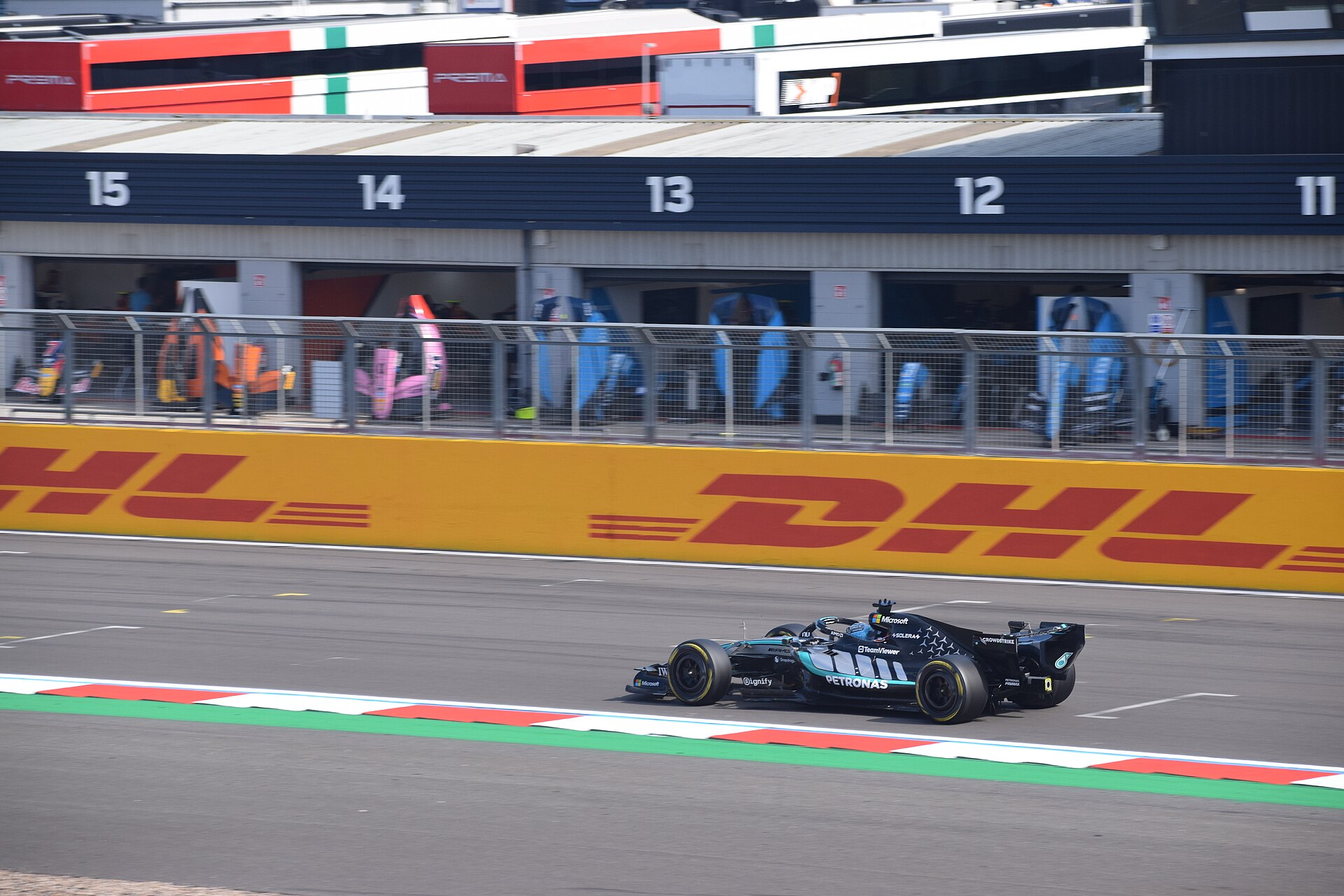 George Russell in his Mercedes Formula 1 car on track