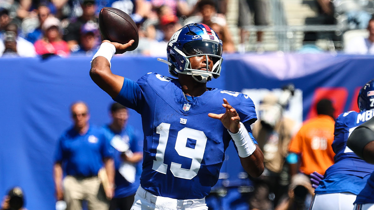 New York Giants quarterback Jameis Winston in the blue home uniform.