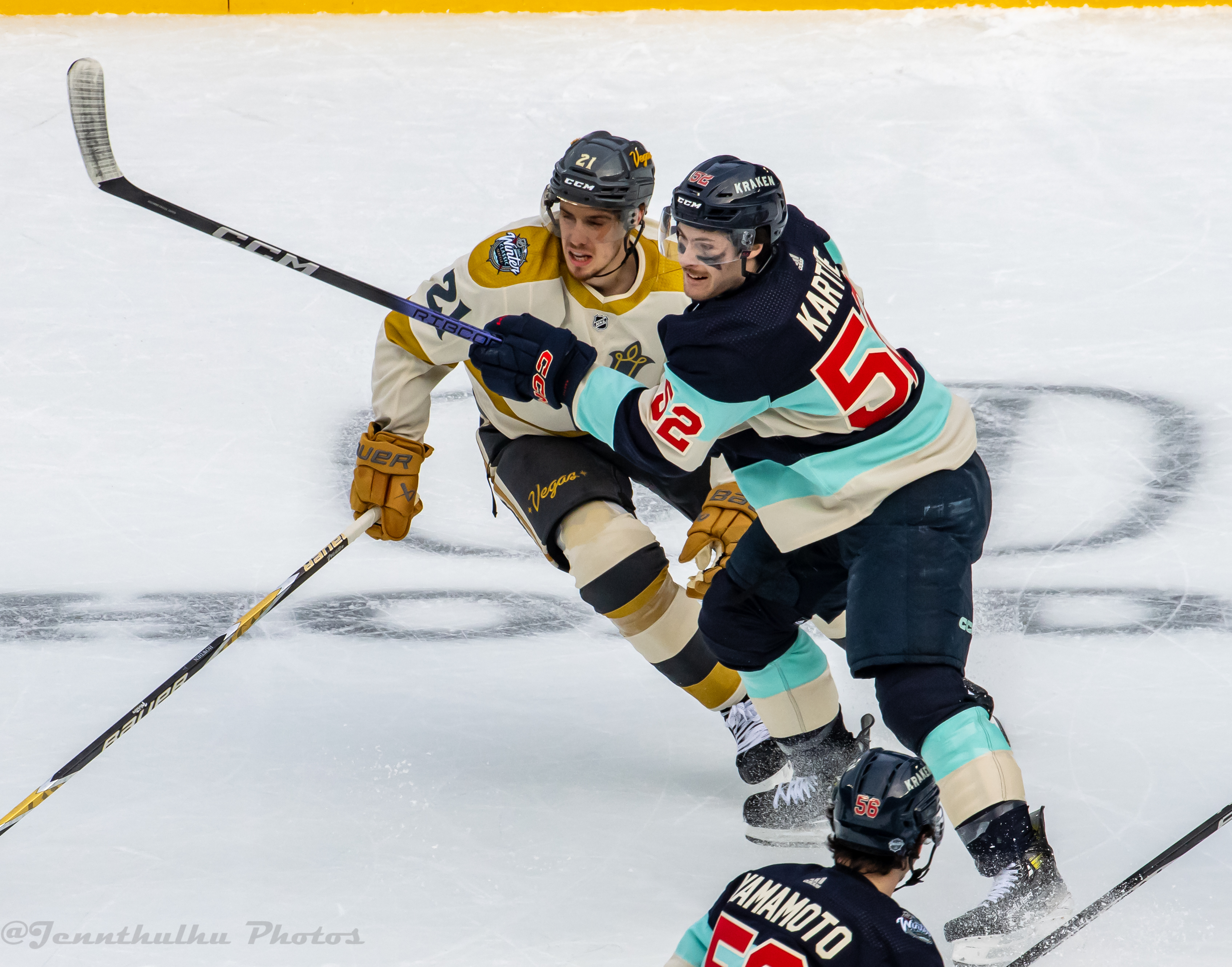 Golden Knights forward Brett Howden battles along the boards during a game