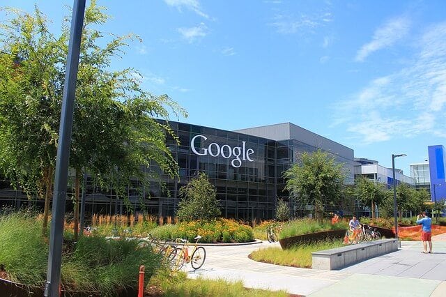 The Googleplex campus in Mountain View with bicycles out front