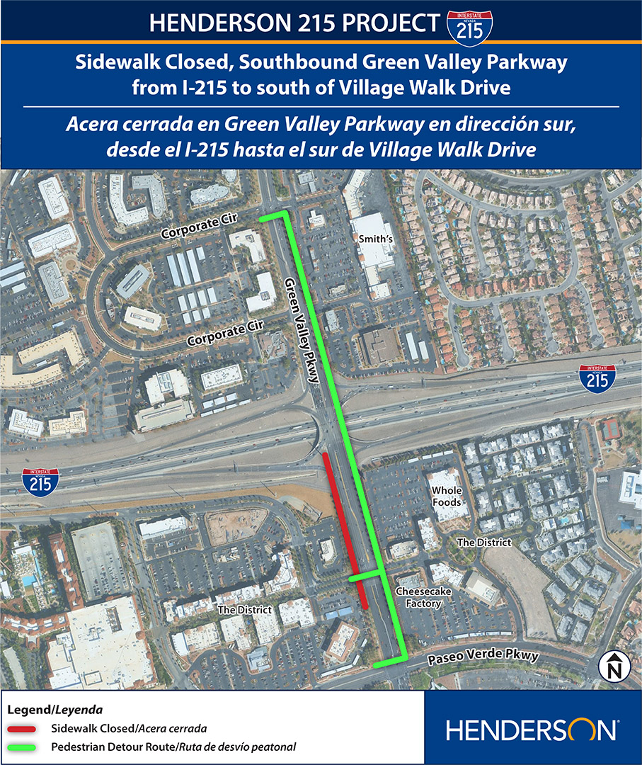 Official Henderson 215 project map showing the Green Valley Parkway pedestrian work zone and detour