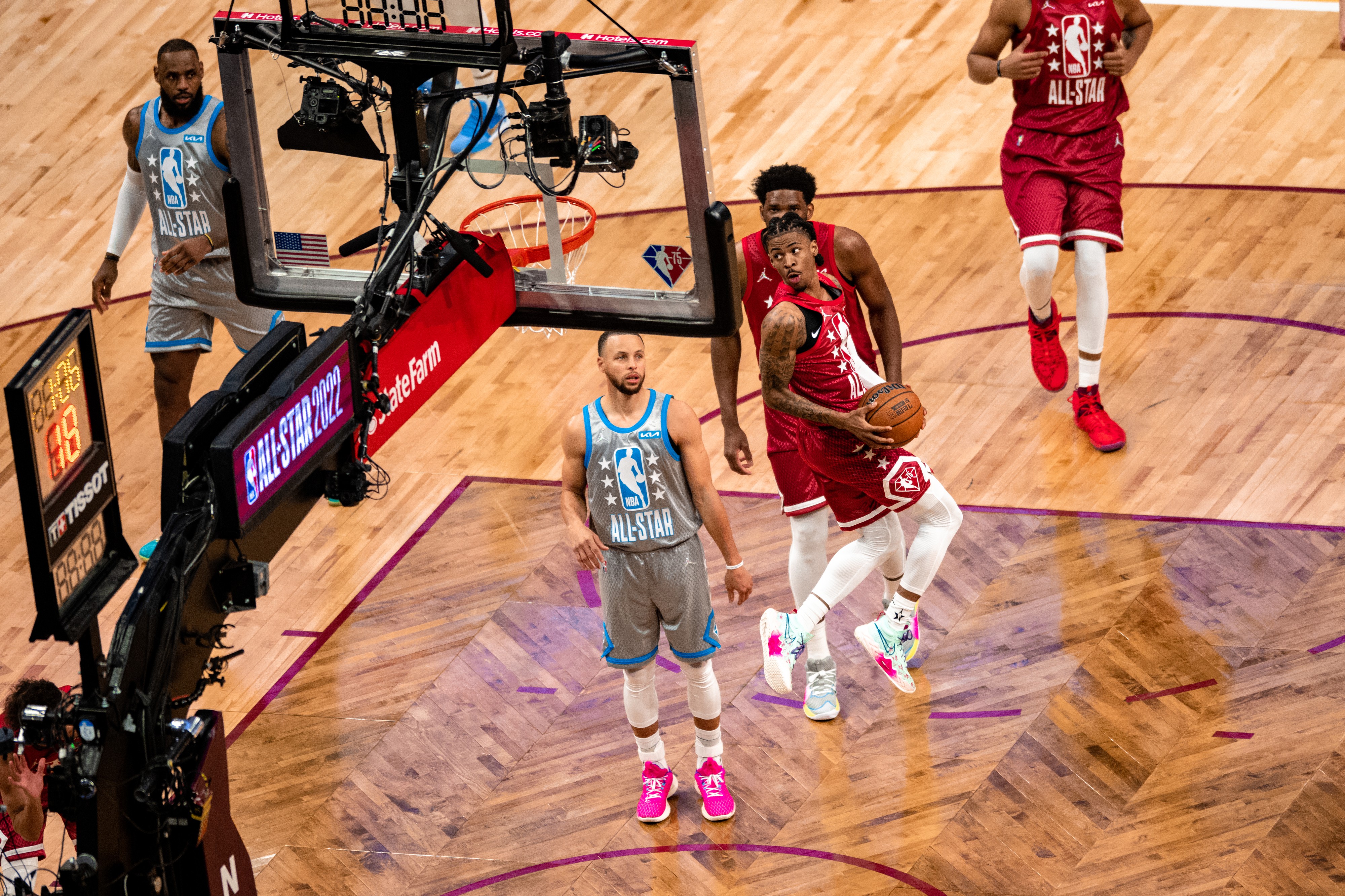 Ja Morant, then with Memphis, drives with the ball during the 2022 NBA All-Star Game in Cleveland