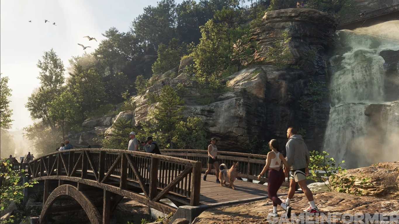 Jason and Lucia crossing a bridge in Leonida in an official Grand Theft Auto VI screenshot