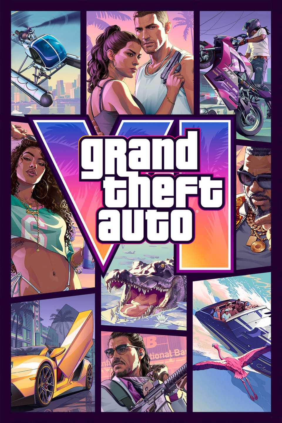 The official cover art for Grand Theft Auto VI, featuring Jason and Lucia