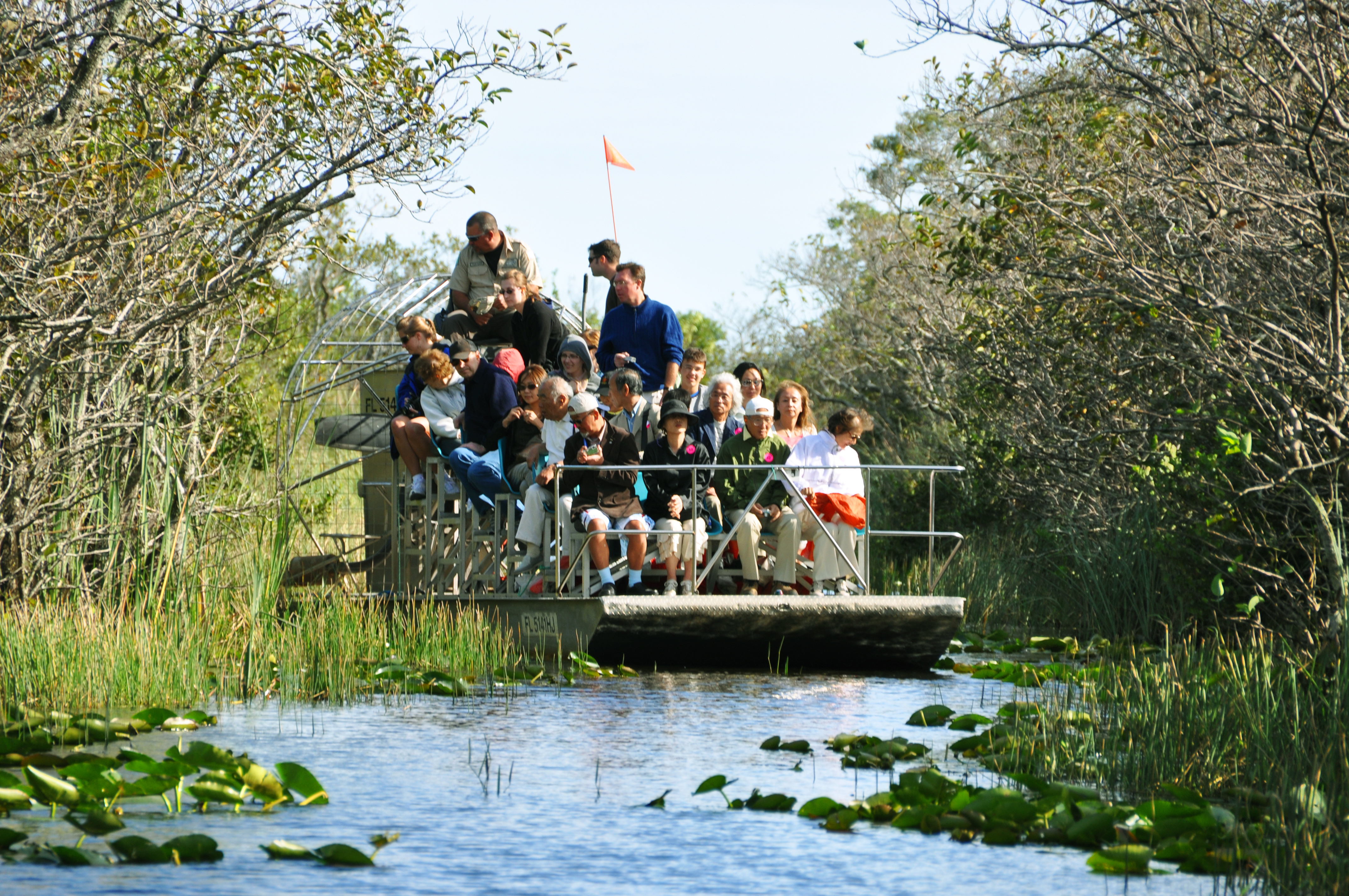 Airboats carrying tourists along a water channel in the Everglades under a bright blue sky