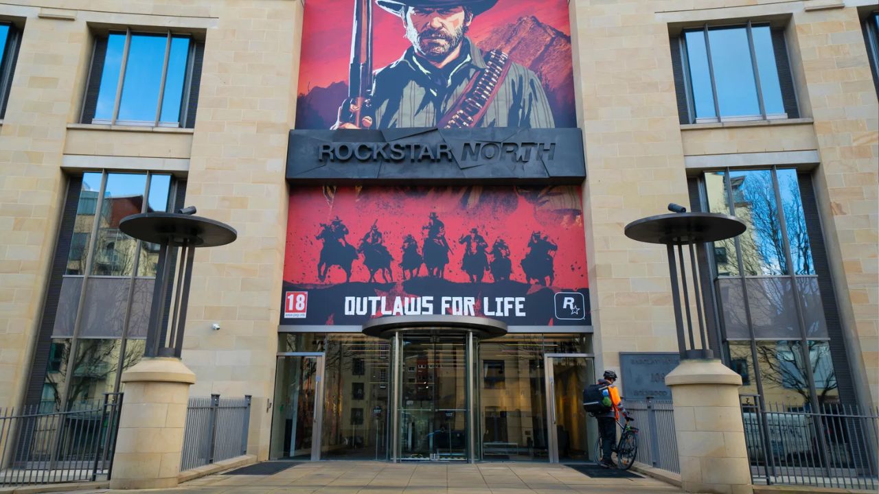 Rockstar North's Edinburgh office with a Red Dead Redemption 2 Outlaws for Life banner over the entrance