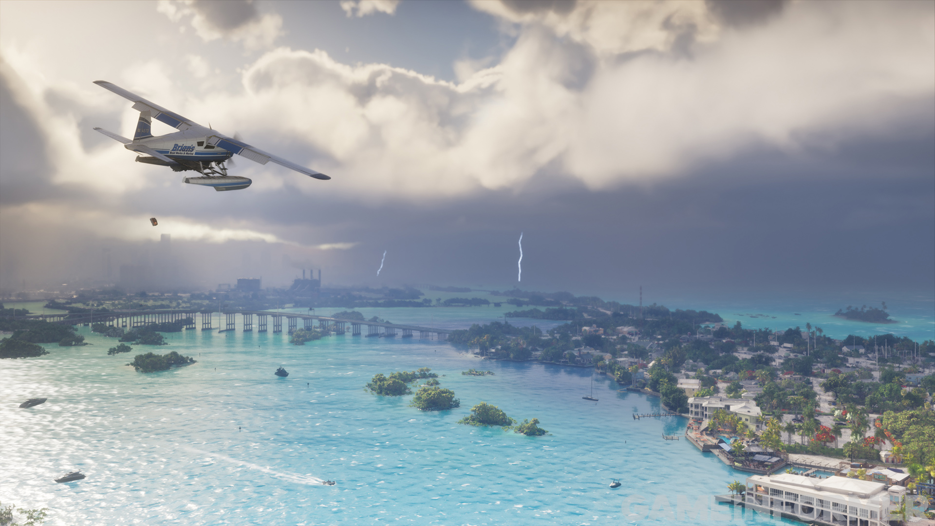 A seaplane over the Leonida Keys with a storm front and two lightning strikes on the horizon