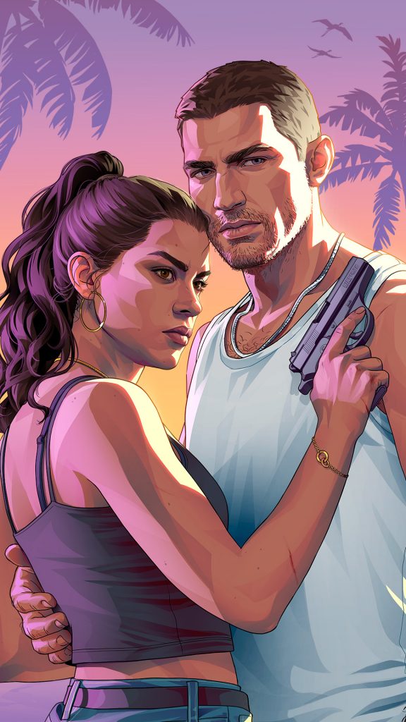 Official Rockstar Games cover art for LOVE Magazine Issue 27 showing GTA VI protagonists Jason Duval and Lucia Caminos