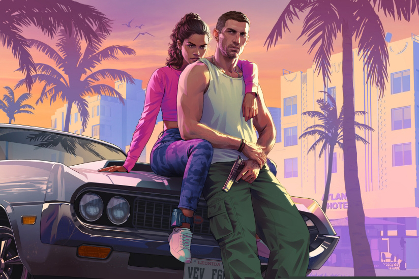 Official Rockstar artwork of Jason and Lucia, the protagonists of Grand Theft Auto VI, against a Vice City backdrop