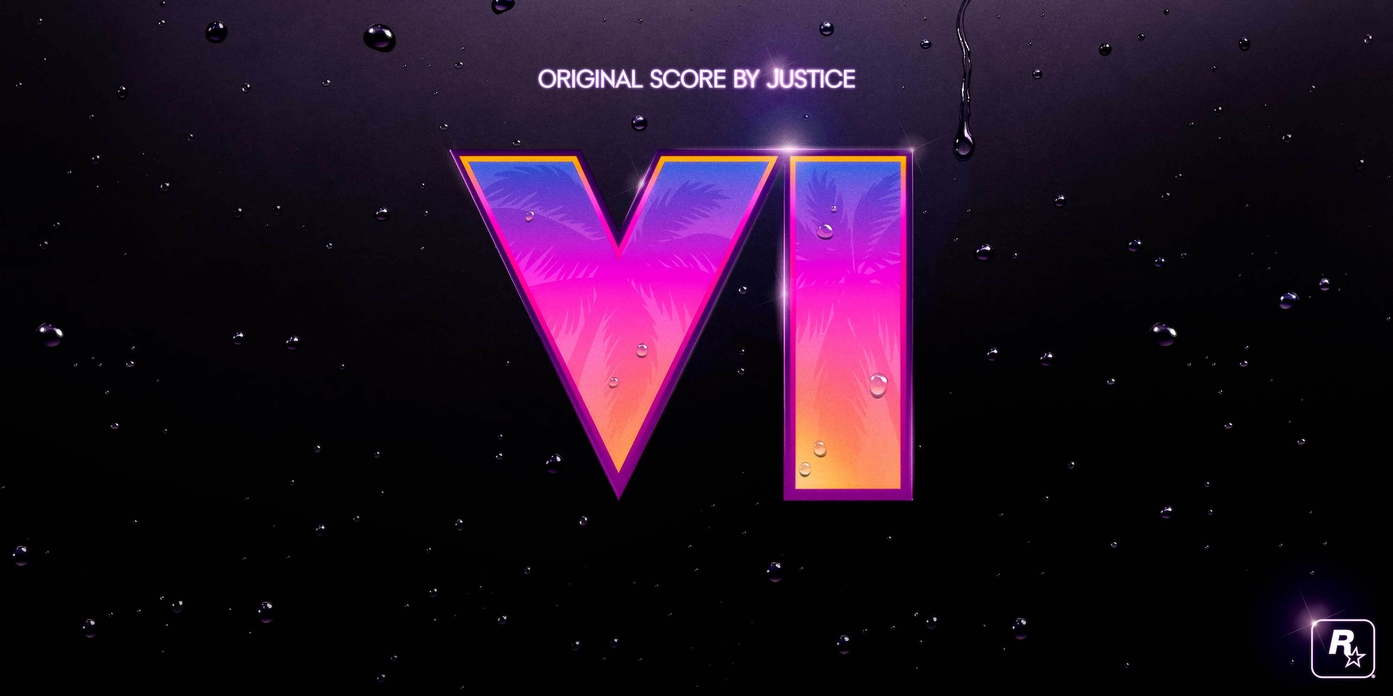 Official Grand Theft Auto VI original-score key art — the VI logo with the ‘Original Score by Justice’ line and the Rockstar Games mark