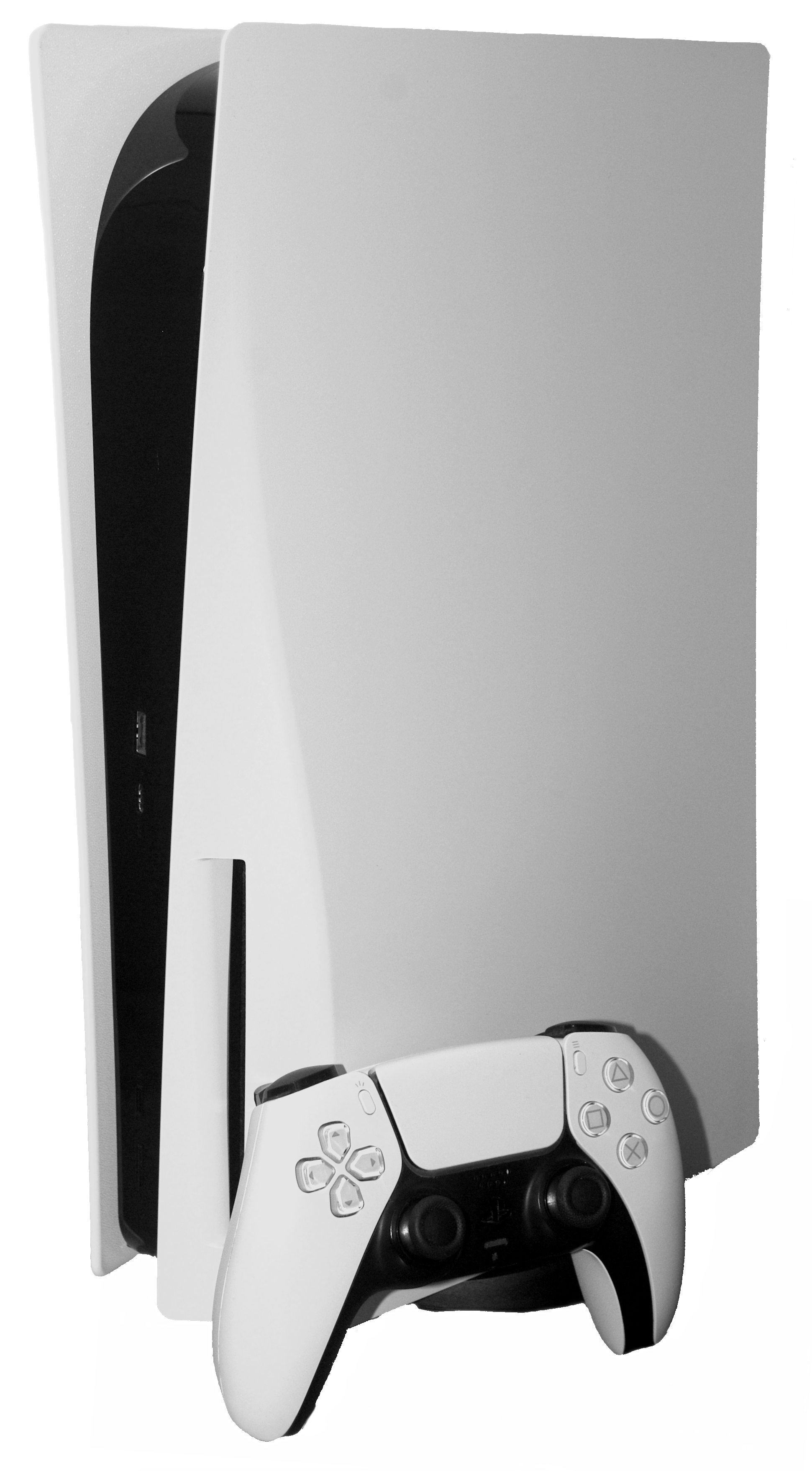 A PlayStation 5 console with a DualSense controller