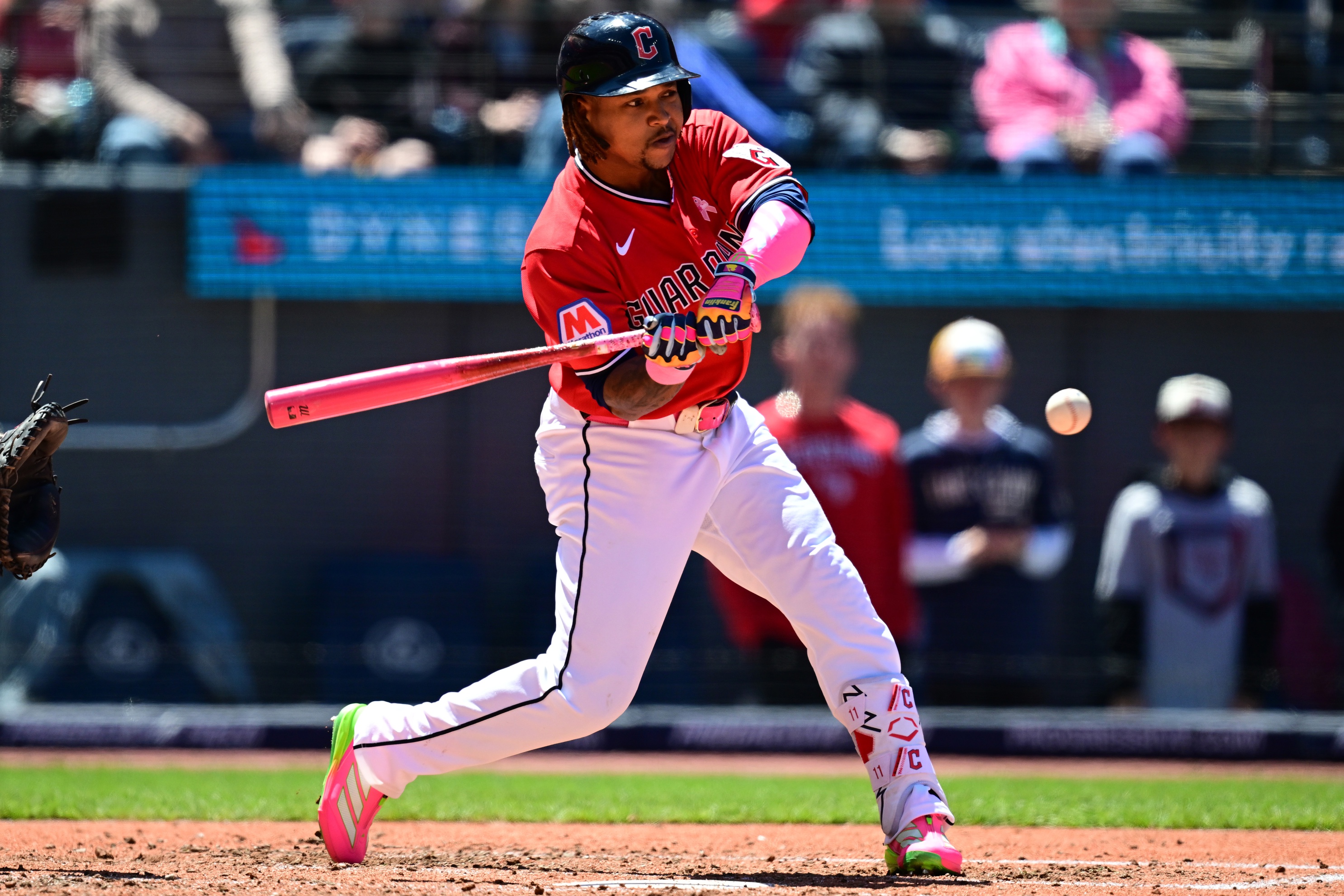 José Ramírez swings for the Cleveland Guardians — his two-out triple helped force ALDS Game 4