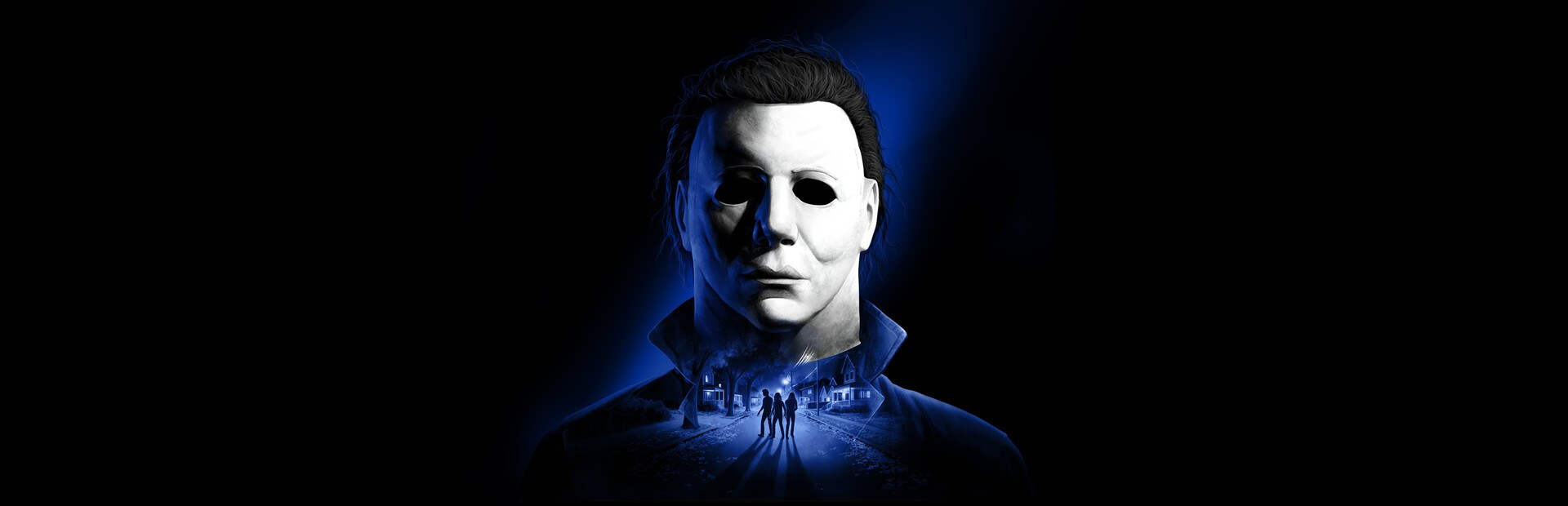 Michael Myers looming over Haddonfield in Halloween: The Game key art