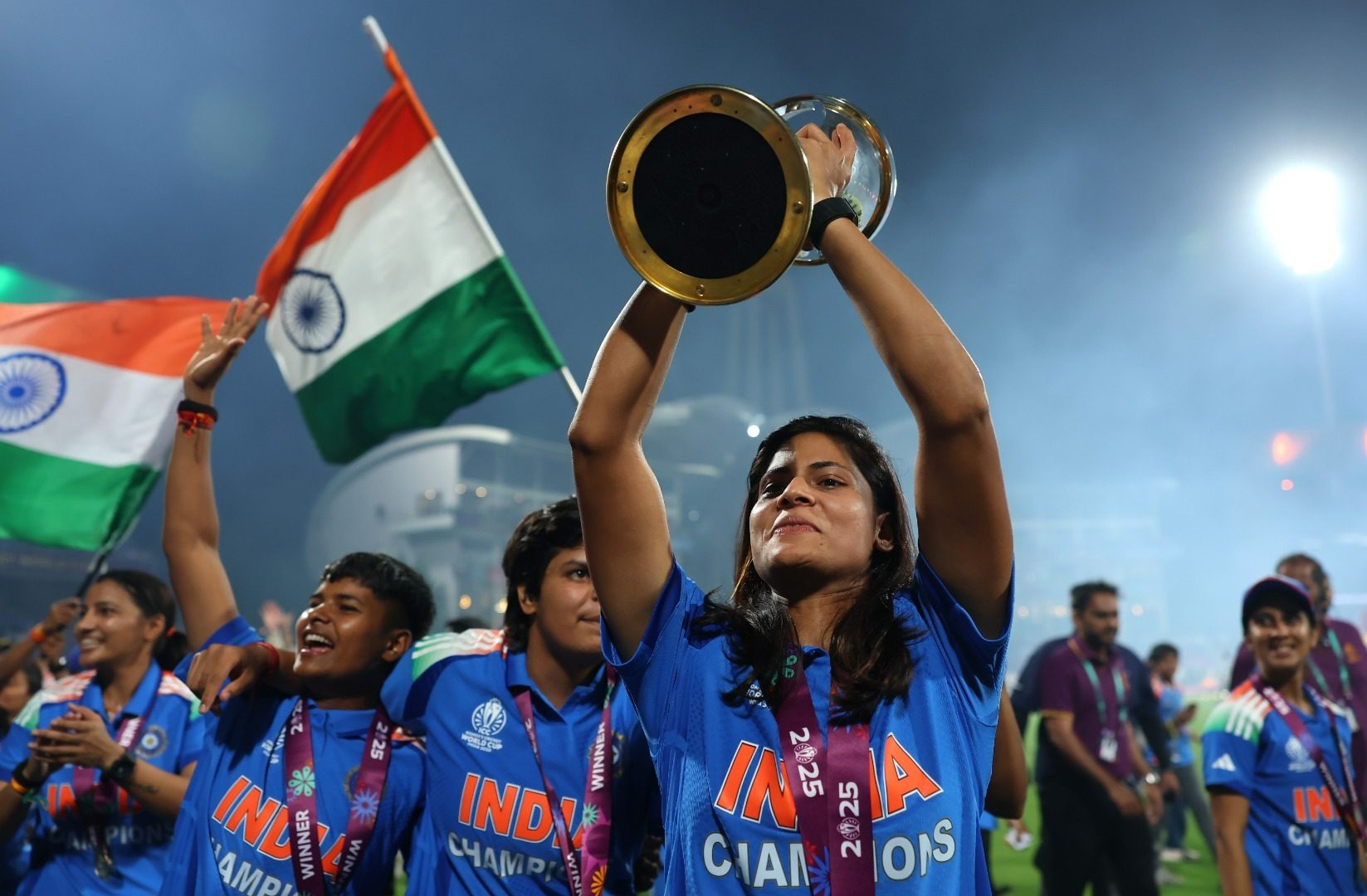 Harmanpreet Kaur lifts the Women's ODI World Cup trophy as India celebrate their 2025 title win