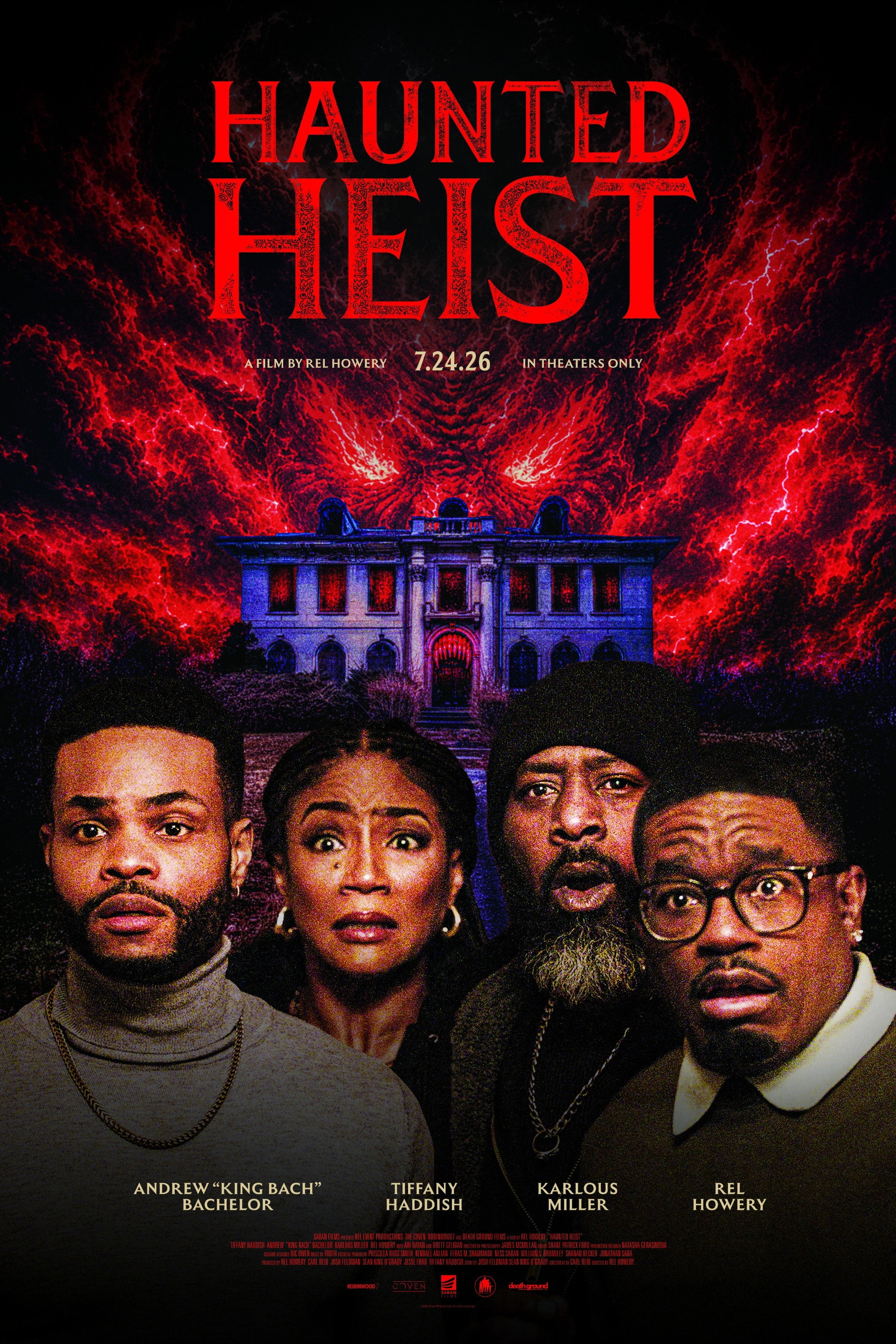 The official theatrical poster for Haunted Heist, with the red title over the mansion and the four leads below