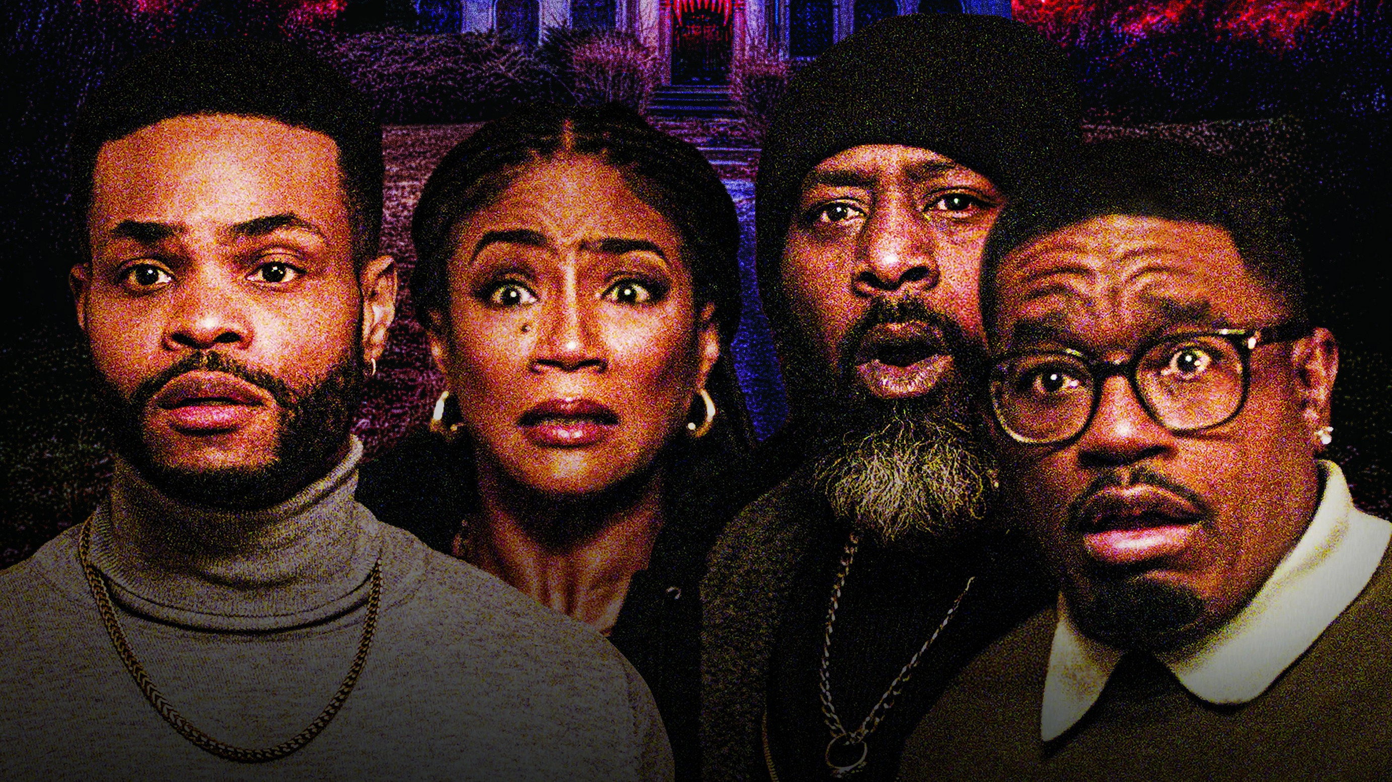Haunted Heist key art: Andrew 'King Bach' Bachelor, Tiffany Haddish, Karlous Miller and Lil Rel Howery stare up in alarm in front of the film's haunted mansion