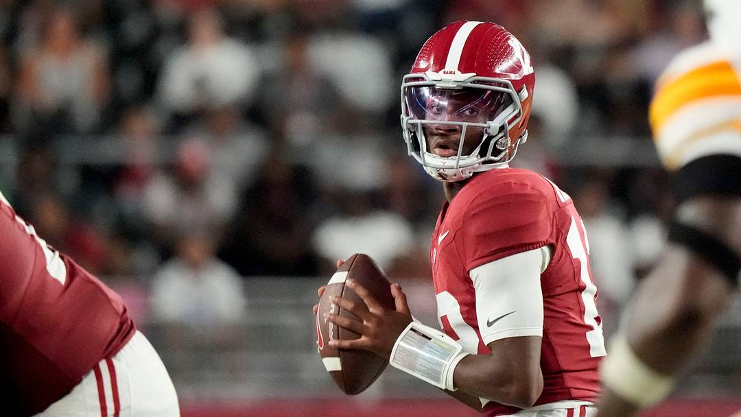 Alabama quarterback Keelon Russell at the line — the sophomore has surged from +8000 in August to the top of the Heisman odds board.