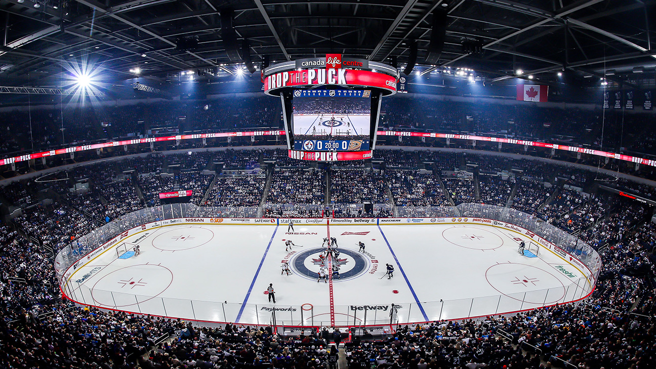 Winnipeg Jets players huddle during a game at Canada Life Centre.