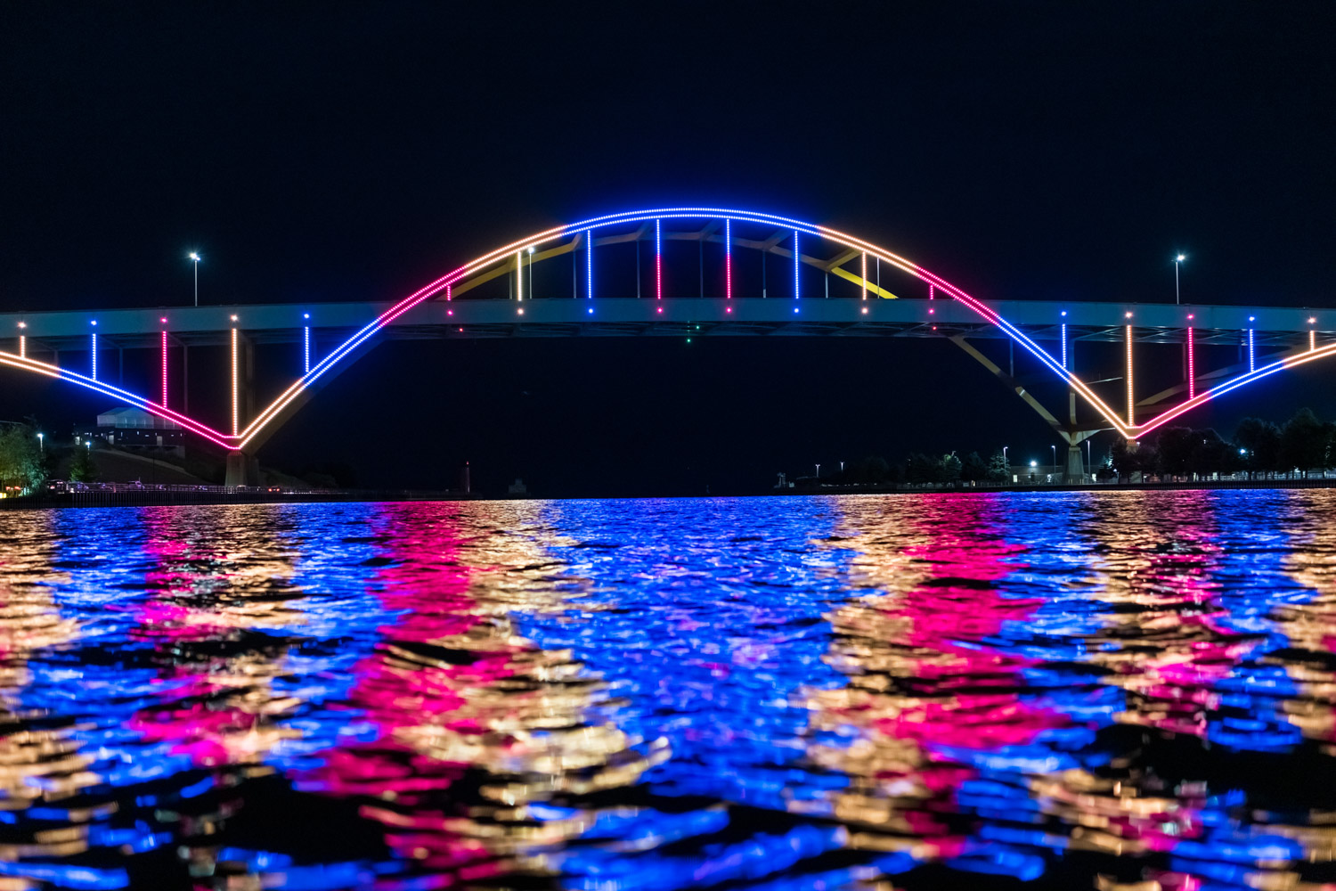 Milwaukee's Hoan Bridge lit up at night
