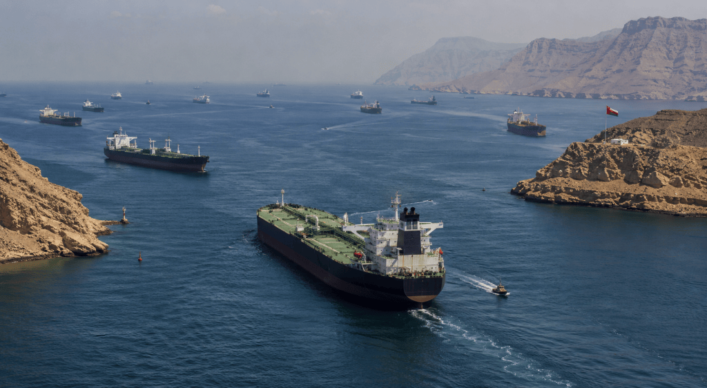 Aerial view of an oil tanker transiting the Strait of Hormuz