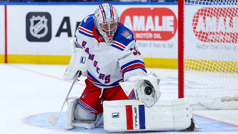 Rangers goaltender Dylan Garand defends the net