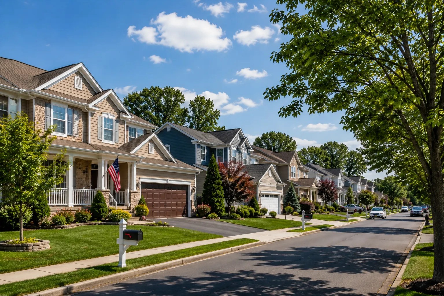 A quiet suburban residential street with homes under a clear blue sky