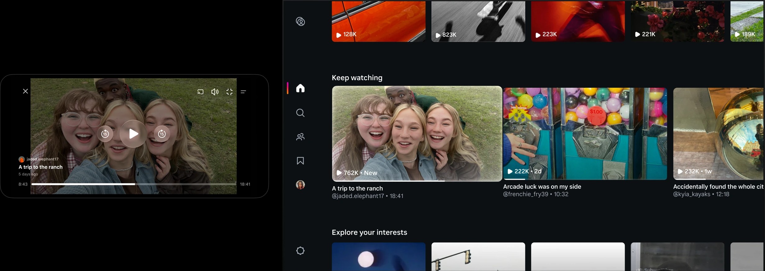 Instagram's Features interface: a horizontal long-form video playing on a phone beside the Instagram for TV home screen's ‘Keep watching’ row