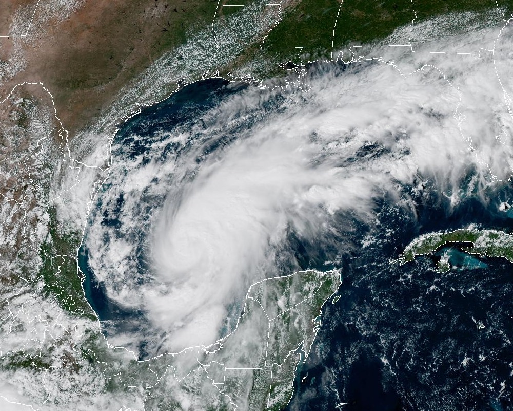 Close-up of NOAA satellite imagery showing Tropical Storm Isaias's cloud shield over the Gulf of Mexico on October 7, 2026