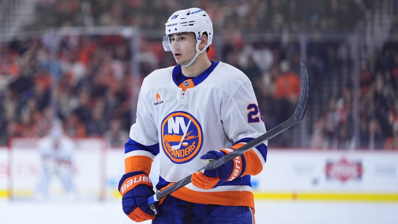 Alexander Romanov in a New York Islanders uniform — the defenseman tore his ACL on Tuesday and will miss six to eight months.