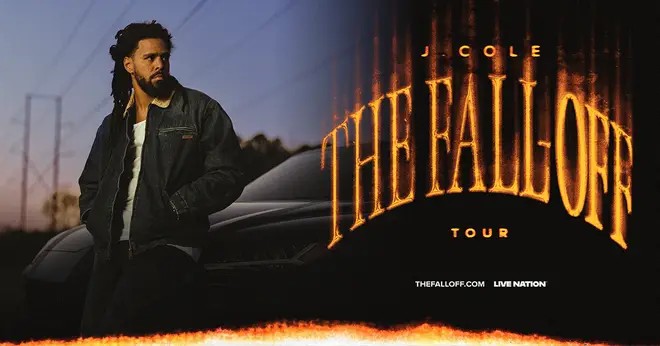 Official artwork for J. Cole’s The Fall-Off Tour: Cole stands beside a car at dusk, under the tour’s flaming title art