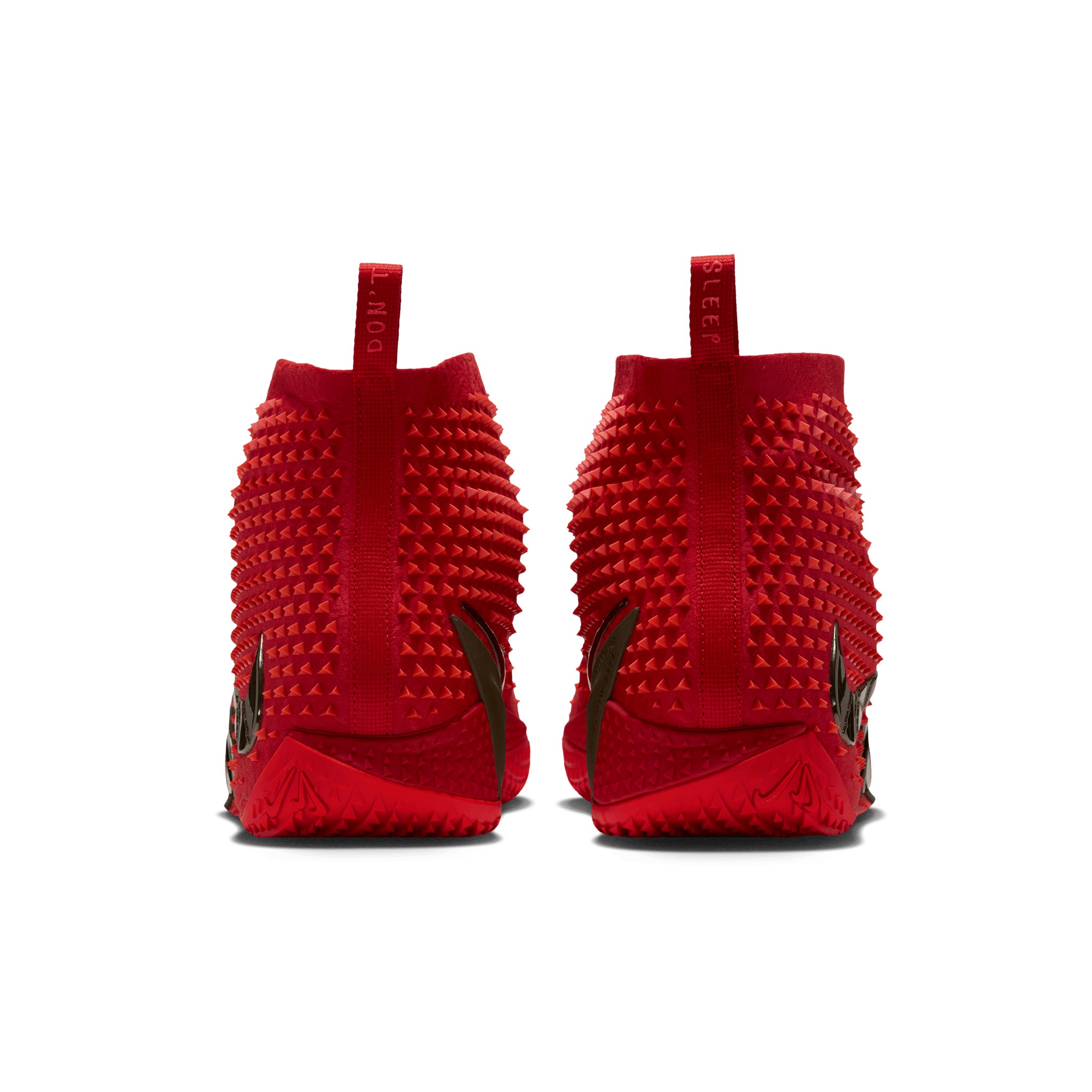 Heel view of the Ja 4 High “Zombie” pair — the pull tabs read DON'T and SLEEP above the studded red shroud.