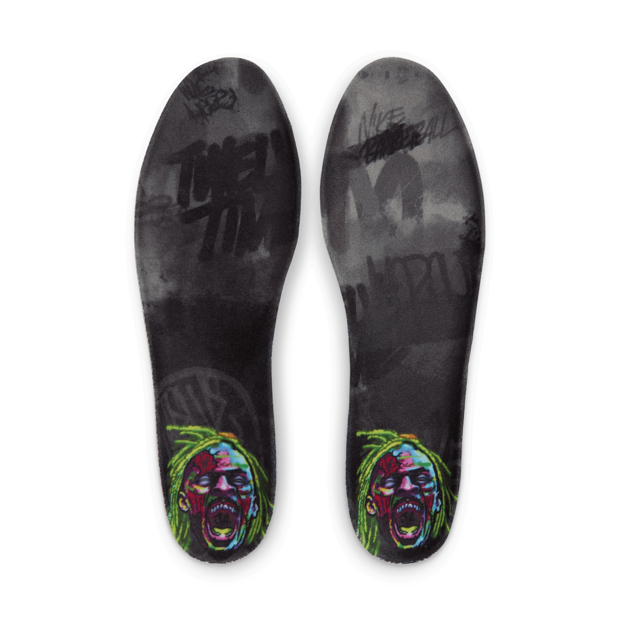 The Ja 4 High “Zombie” insoles — graffiti TWELVE TIME lettering and a zombie-Ja face graphic at each heel.