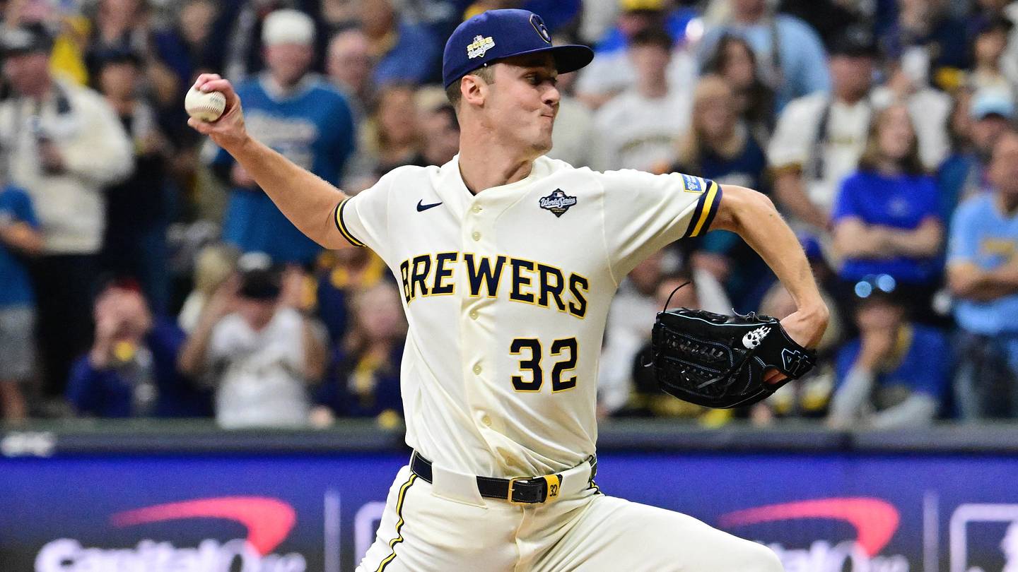 Jacob Misiorowski (Milwaukee Brewers, No. 32) mid-delivery in the first inning of World Series Game 1 against the Tampa Bay Rays at American Family Field, October 23, 2026