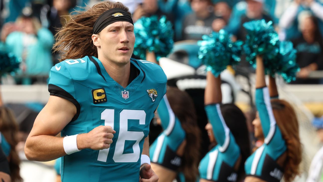 Jacksonville Jaguars quarterback Trevor Lawrence (16) in the teal home uniform.