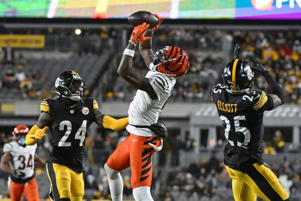 Bengals wide receiver Tee Higgins makes a catch.