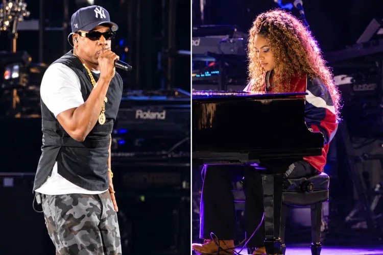 Side-by-side photos from the SoFi Stadium show: Jay-Z performing on stage, and Blue Ivy Carter playing a grand piano