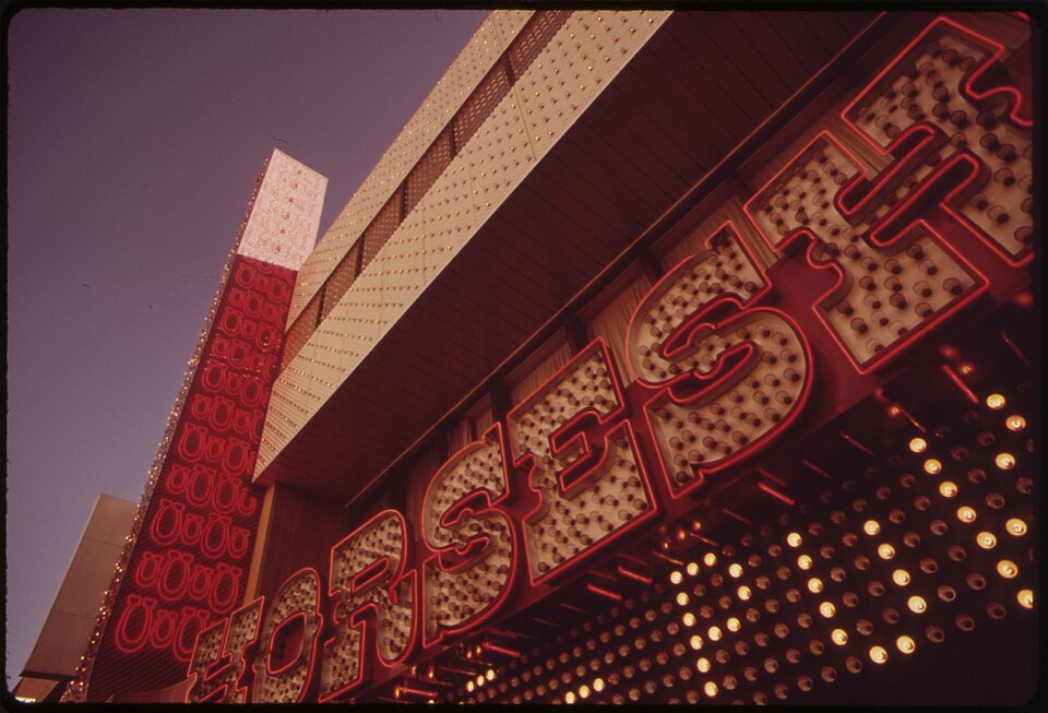 Neon casino signage in Reno, Nevada, in the 1970s