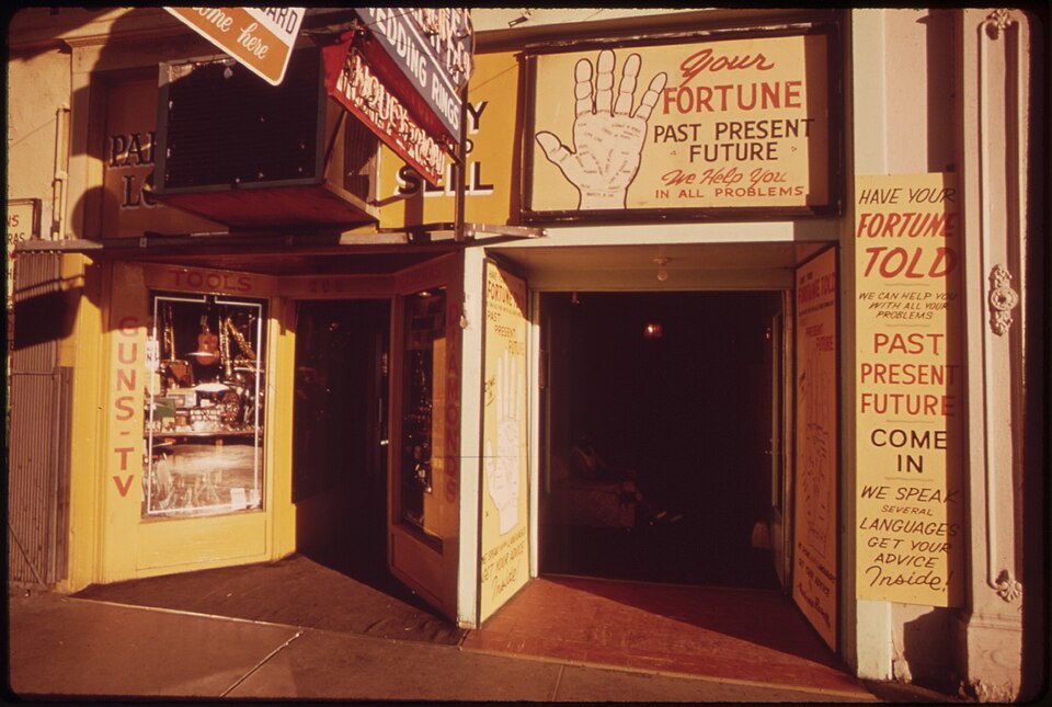 A fortune-teller storefront in Reno, Nevada, in 1973