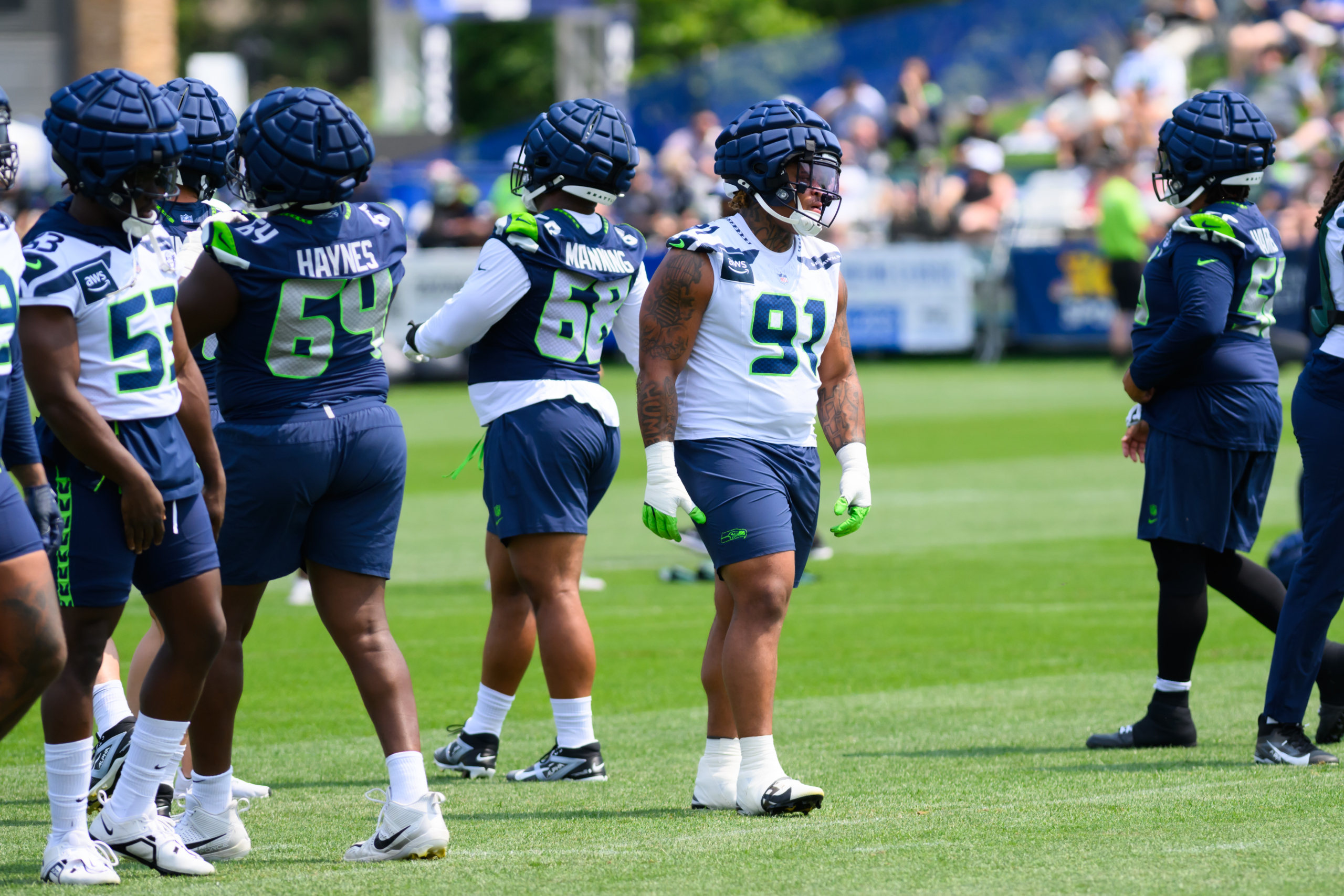 Seattle Seahawks players at training camp in Renton, Washington