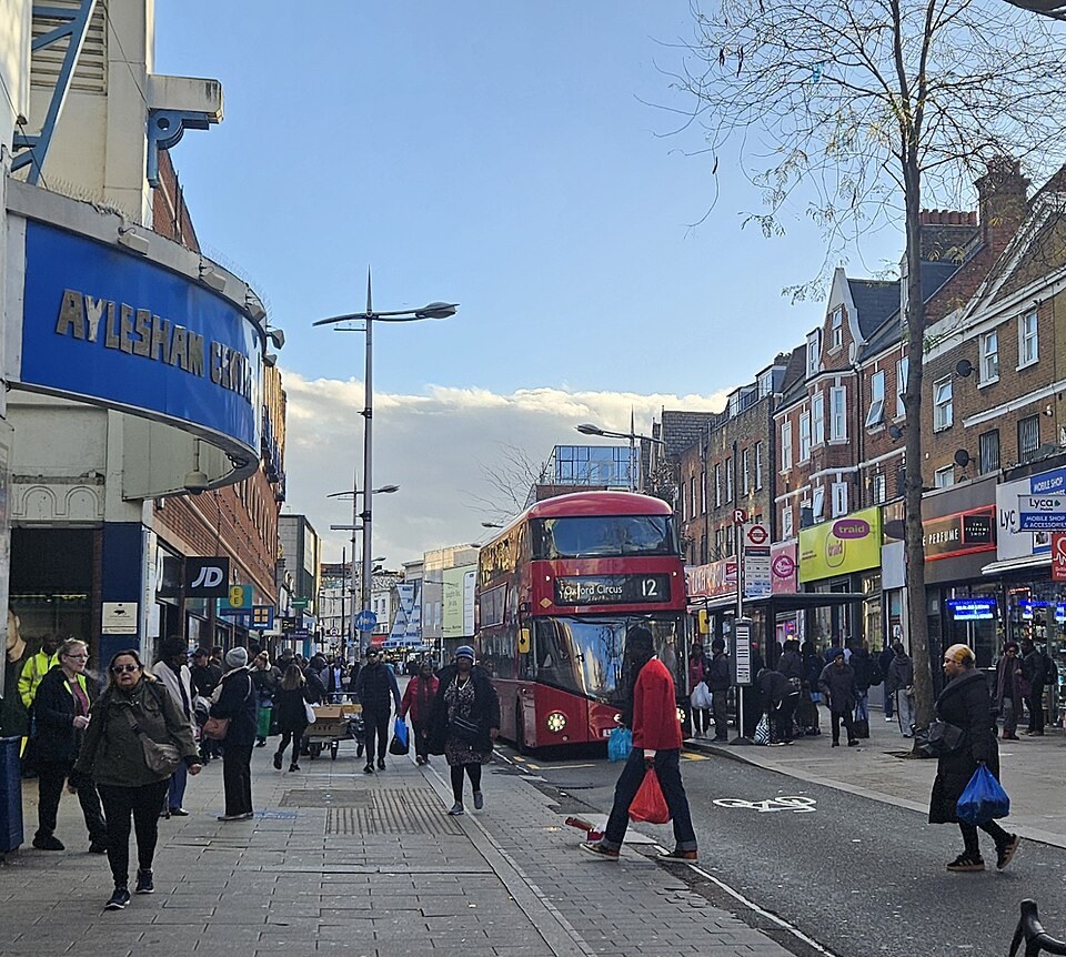 Rye Lane in Peckham, South London, on a clear day