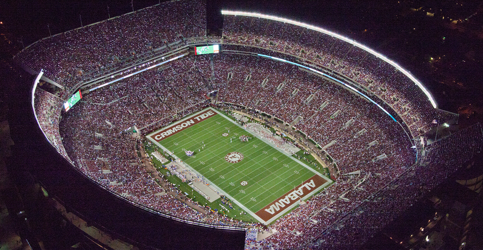 Bryant-Denny Stadium in Tuscaloosa, home of the Alabama Crimson Tide, lit up for a night game