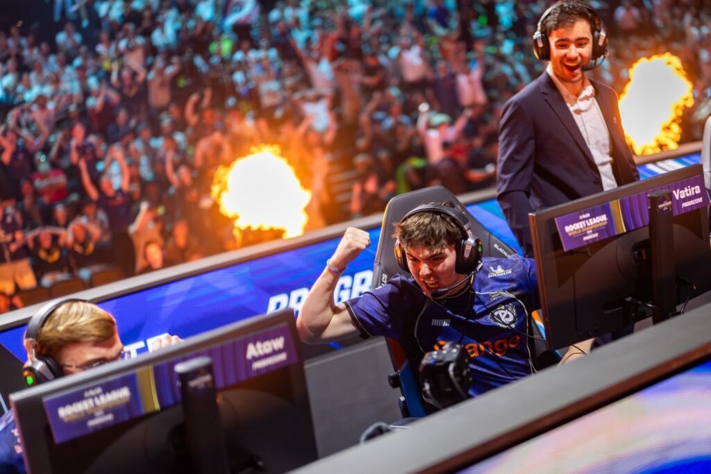 Karmine Corp Rocket League players Vatira and Atow on stage at the RLCS World Championship 2025