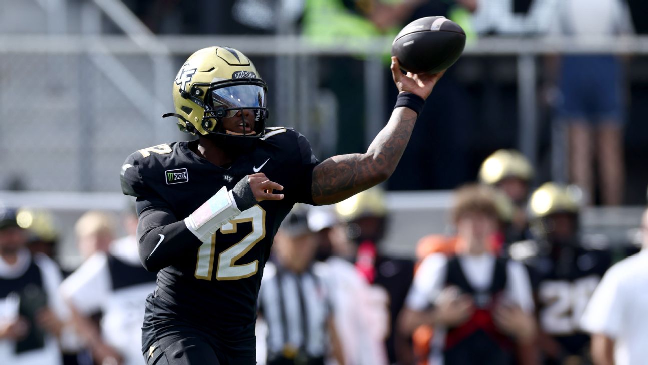UCF quarterback Keyone Jenkins (12) throws in the first quarter against BYU at Acrisure Bounce House in Orlando on October 24, 2026